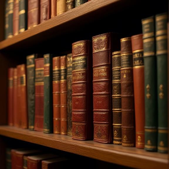 Scaffale con una selezione di libri rari con copertine in pelle.